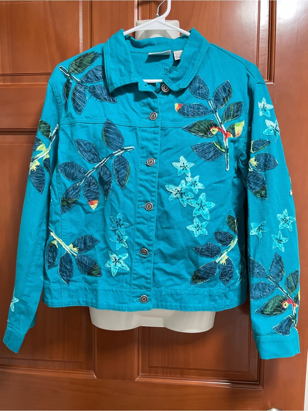 Chico's Cotton & Silk Teal Embroidered Floral Jean Jacket
